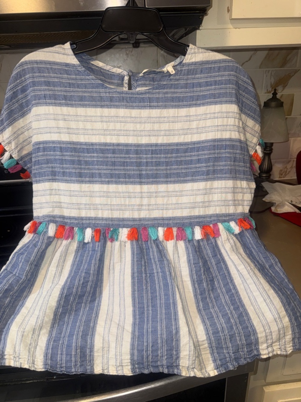 Ladies Blue and White Striped Tassel Waist Dress
